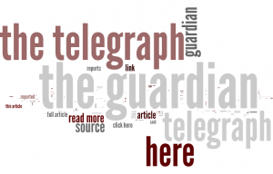 Wordle of common anchor text used on the sites of popular UK Broadsheets