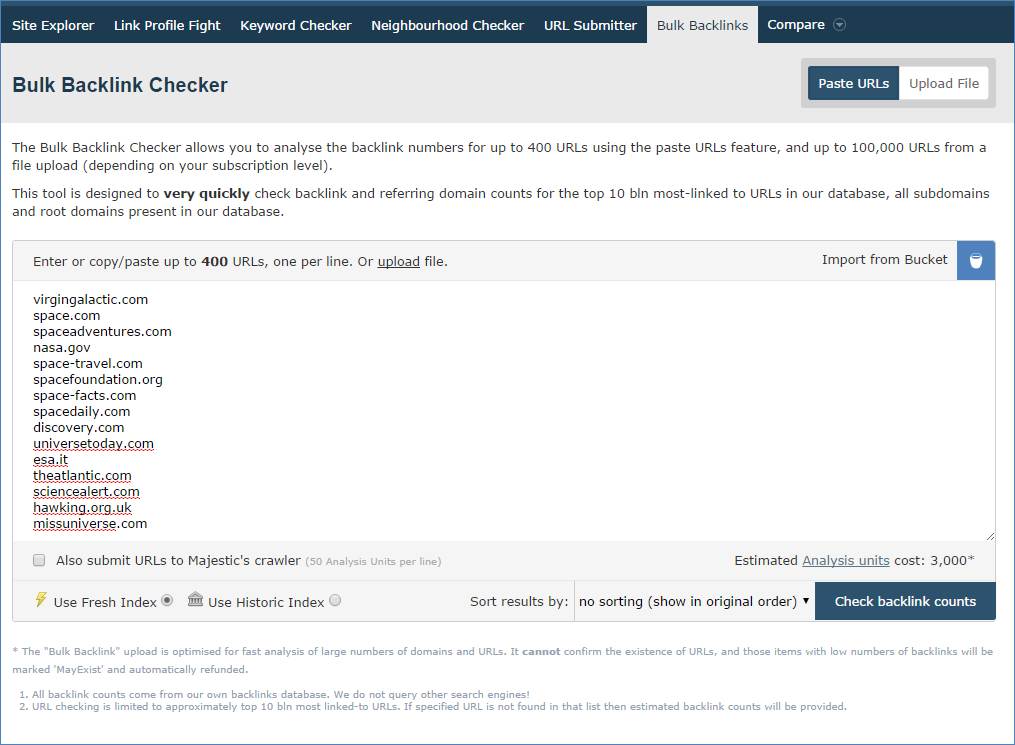 Bulk Backlink Checker Upload Interface: copy and paste a list of URLs