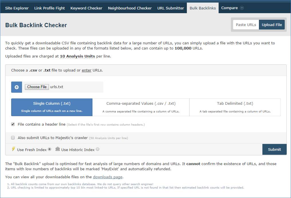 Backlink Checker Upload Interface: upload a list of URLs via a file, txt or csv