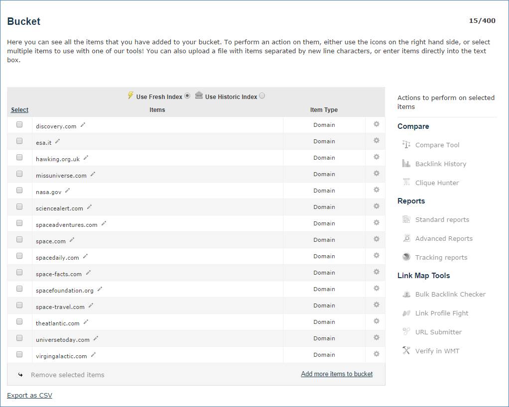 Majestic Bucket: A list of domains and URLs from which to choose for backlink analyses