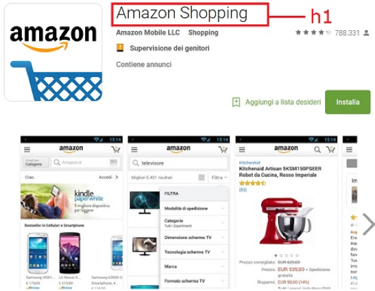 Example: use of an <h1> Title tag in Google Play for the Amazon Shopping App
