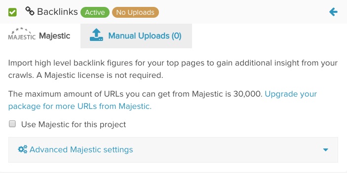 Upload del profilo di backlink di Majestic su Deepcrawl per individuare pagine orfane