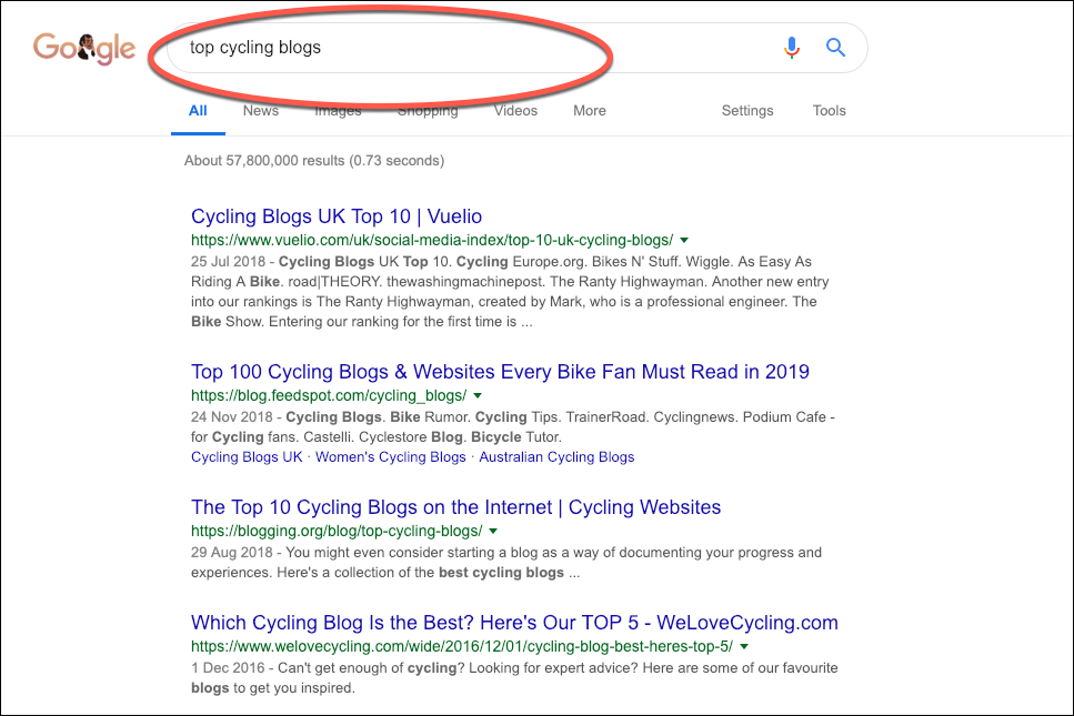 Google Search to find top cycling blogs for a Clique Hunter analysis on Majestic