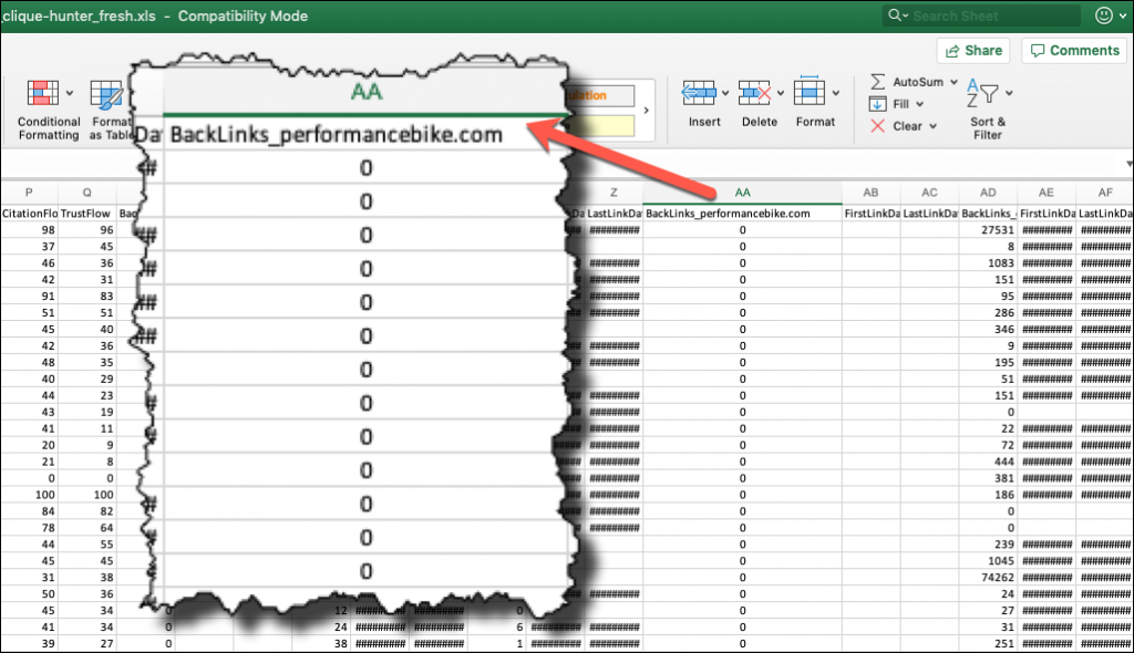 i dati del Clique Hunter di Majestic in un foglio Excel