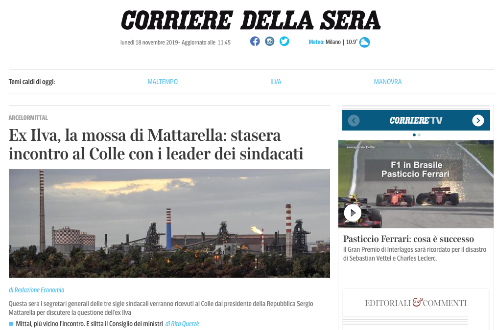 Screenshot of the Home Page of Corriere.it, Important Italian newspaper.