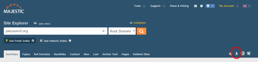 Backlink download with Majestic Site Explorer