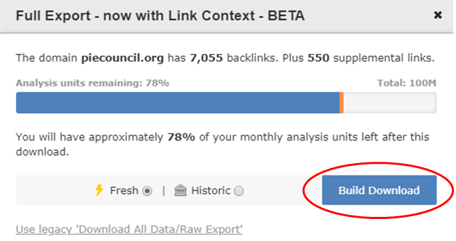 Backlink download, available with Link Context information (in BETA at the time of this writing)