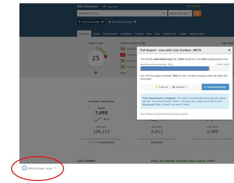 Backlink download option appears in the bottom left hand side of screen