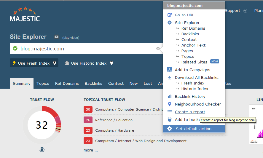 Majestic Site Explorer screenshot, cog menu open to create a report