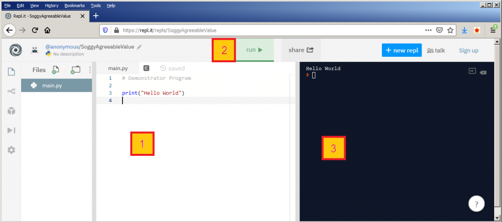 Esecuzione del programma "Hello World" con Repl.it 