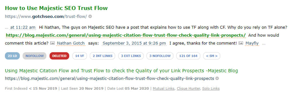 A screenshot of Link Context, showing the exact context around the deleted backlink