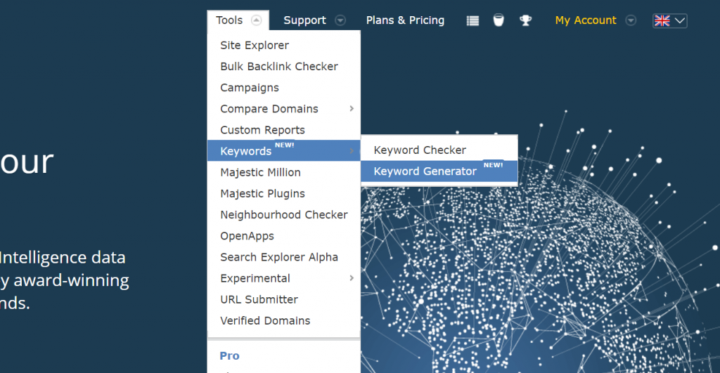 strumento di pianificazione delle parole chiave di Majestic - Keyword Generator