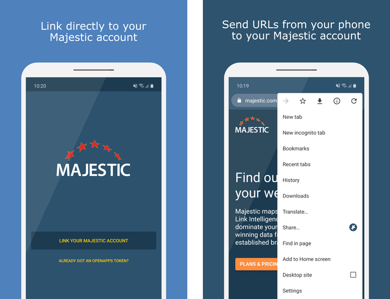 Link directly to your Majestic account and send URLs to from your phone.