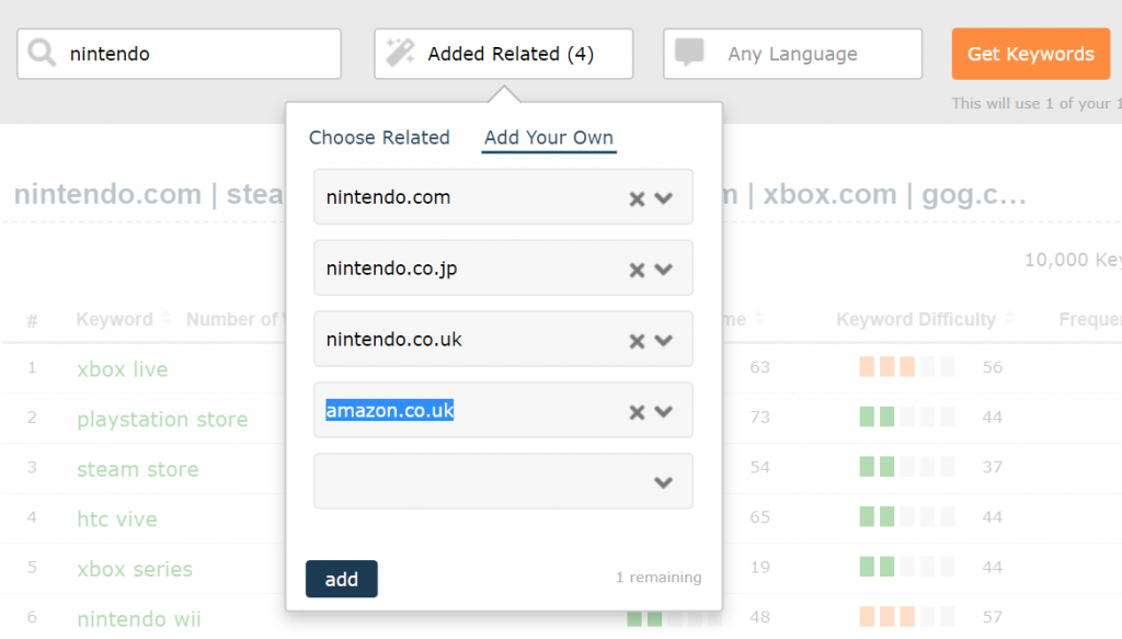 Possibilità di personalizzare la lista dei siti correlati nel Majestic Keyword Generator