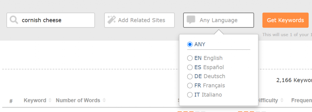 You can choose between, English, Spanish, German, French, or Italian.  Or just show keywords from all languages. 