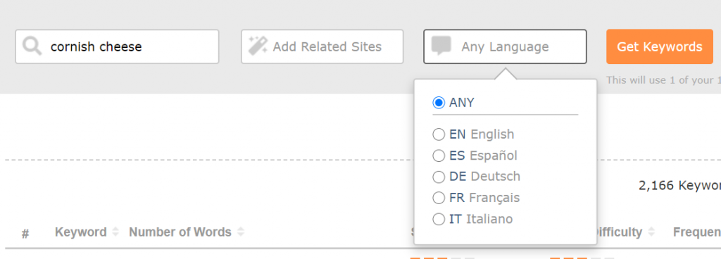 Screenshot della Keyword Research di Majestic - il selettore di parole chiave con cui filtrare liste di keyword per lingua (Italiano, Inglese, Francese, Spagnolo, e Tedesco)