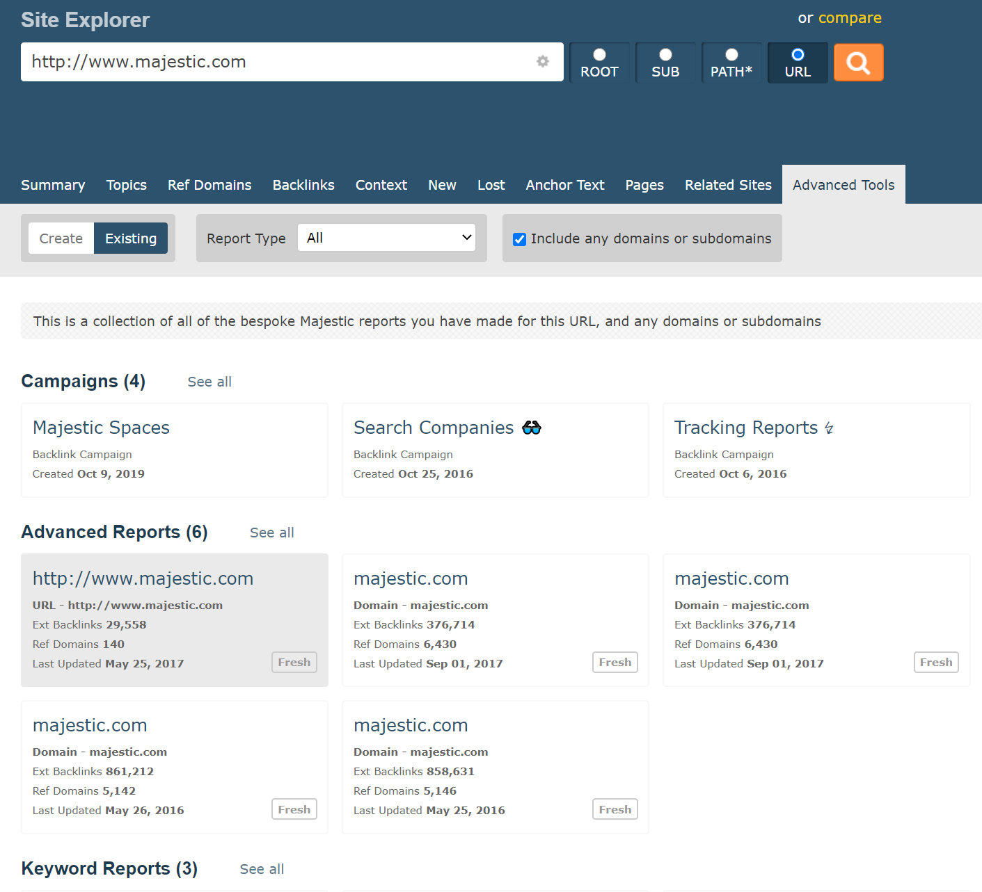 Results of a URL search showing that we also return domain and subdomain matches. 