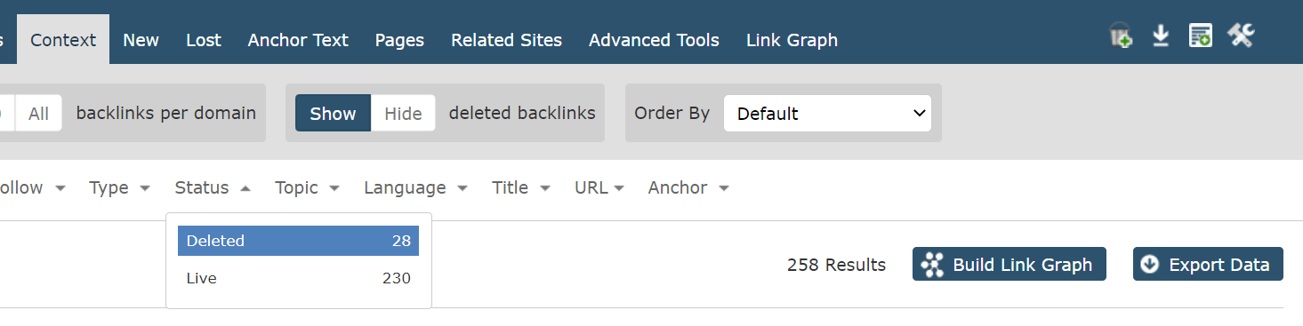 Showing the Filter bar in the Context tabs of majestic.com. Choosing 'Deleted' from the backlink status box.
