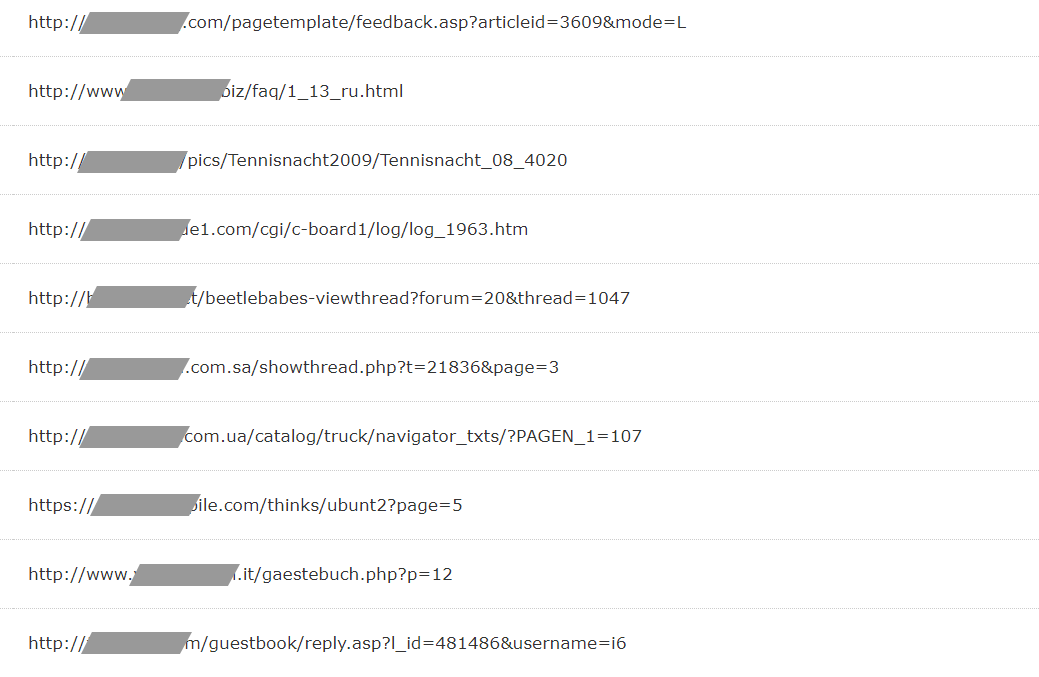 A list of low-quality URLs that are filled with parameters and page numbers.