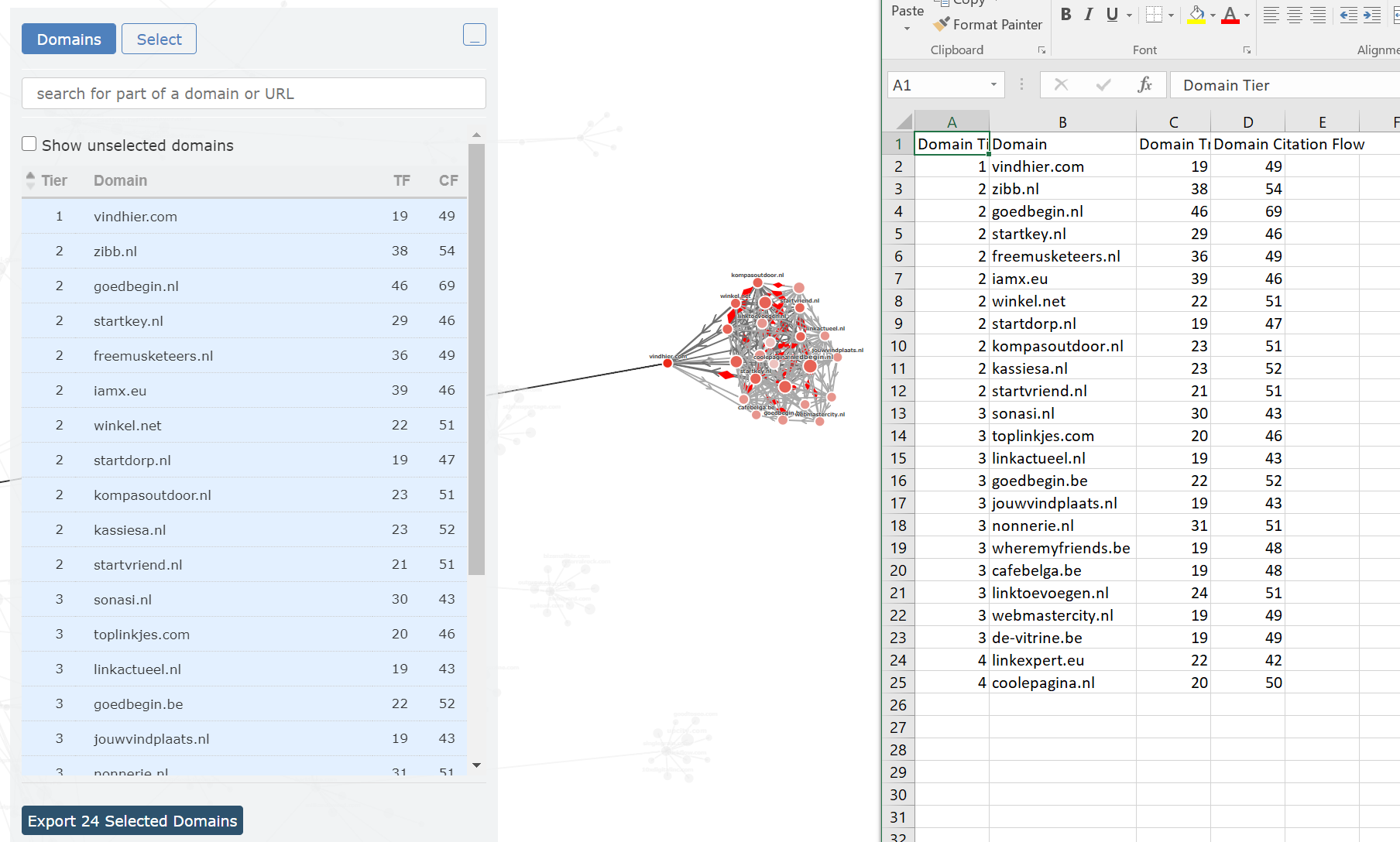 Domini di un profilo di backlink ed il corrispondente elenco in un file Excel