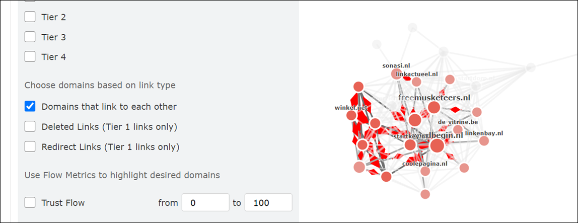 Showing that you can choose "Domains that link to each other", and teh graph will select just the domains with mutual links