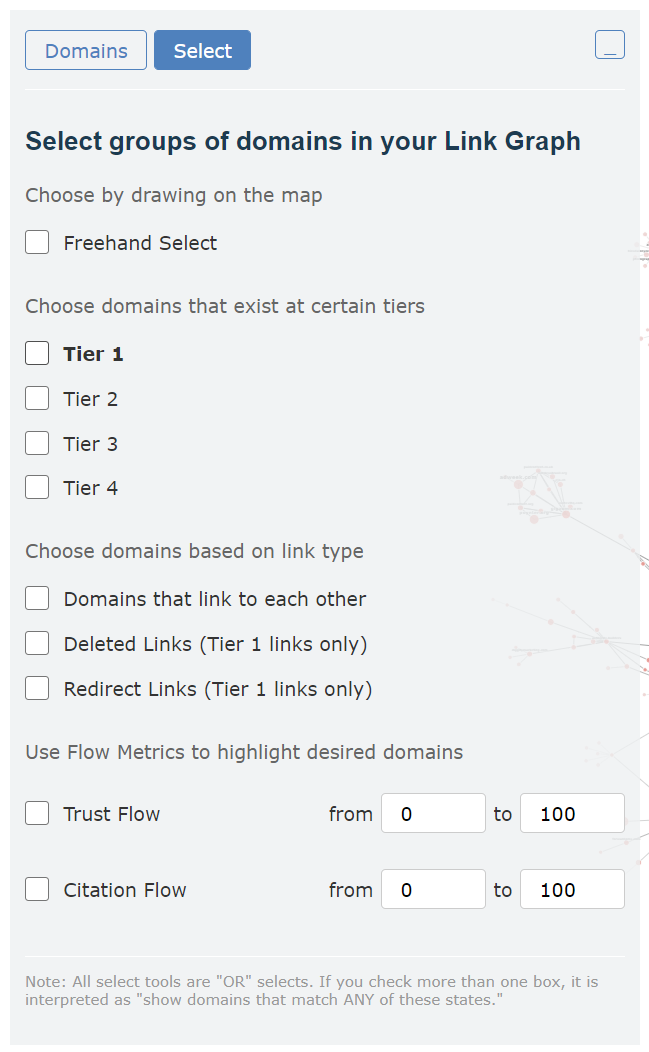 The same panel as above, but expanded to show all of the different options in the Select panel. 