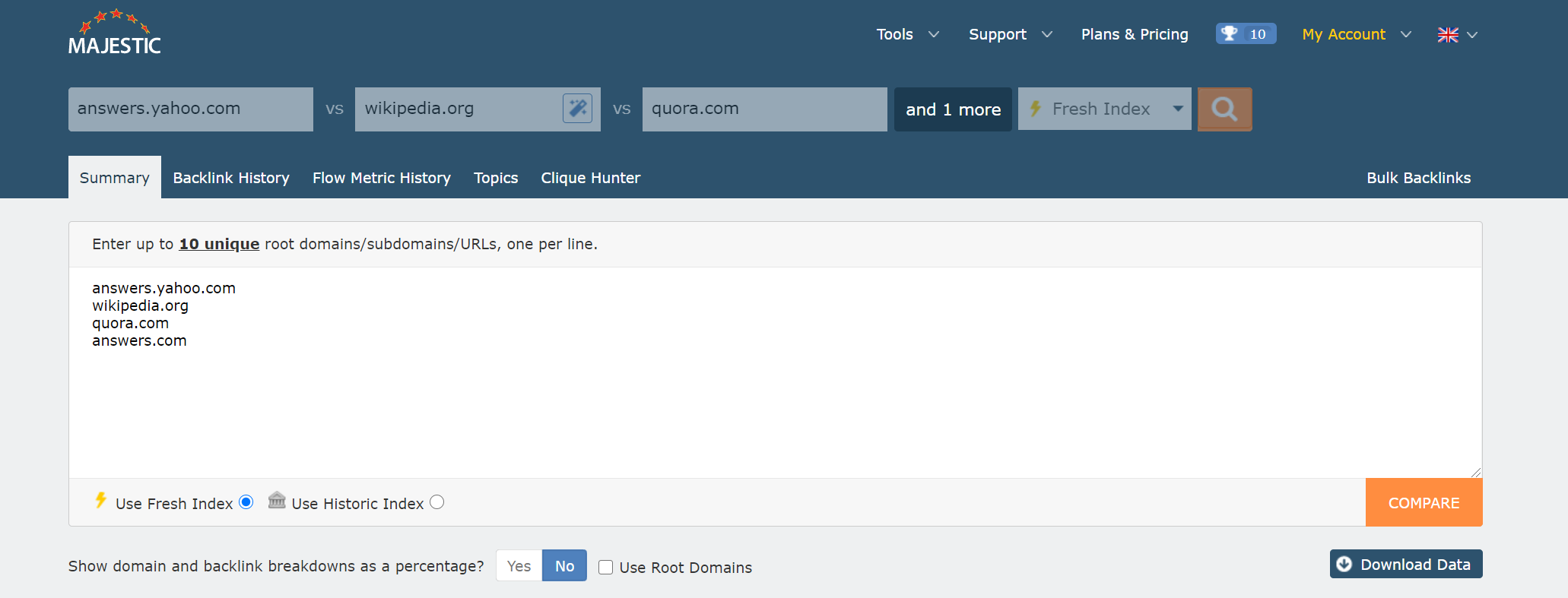 Using Copy and Paste compare up to 10 domains or URLs