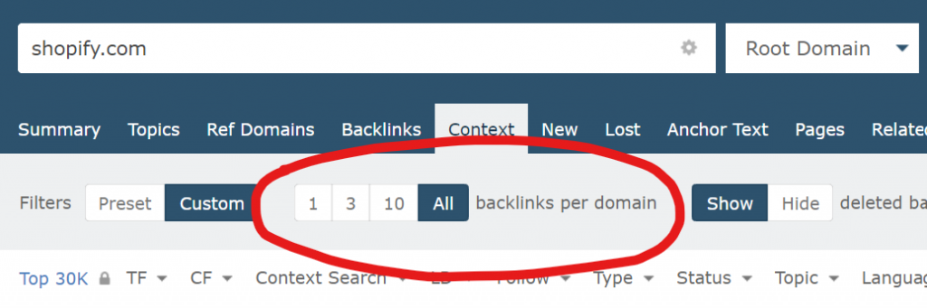 An image of a toggle in Site Explorer Context tab where you can change the number of backlinks per domain. 