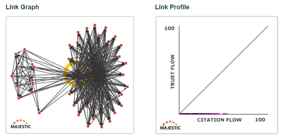 This Link Graph shows a website with linbks to two networks, one about 4 times as large as the other.  The Link Profile chart is flat along the Citation Flow axis. 