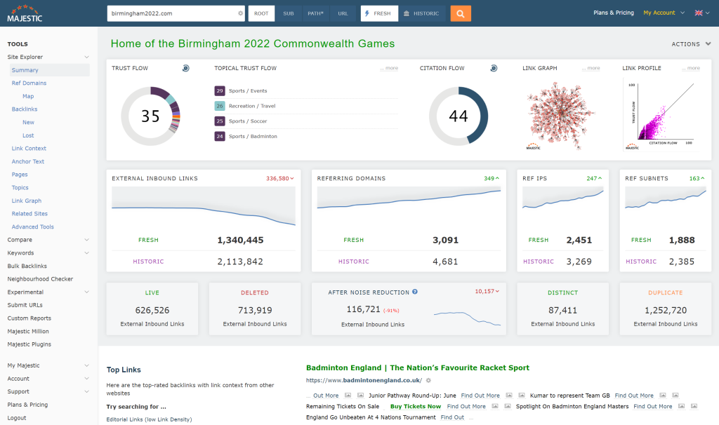 A Site Explorer Summary screenshot, showing the new Majestic left nav