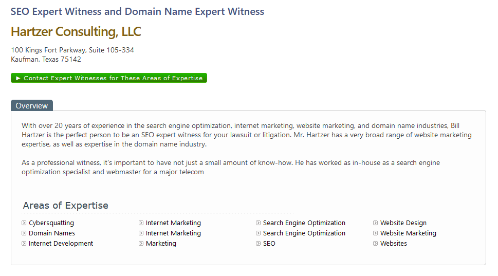 A profile for Bill Hartzer on hgexperts.com. The page lists all the areas where Bill can appear as an expert witness, including SEO, Domain Names, Cybersquatting, and more.