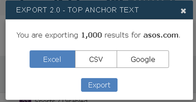 Interfaccia per l'opzione di esportazione dei dati di anchor text utilizzando Site Explorer di Majestic