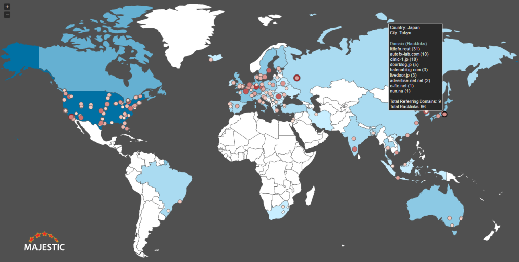 Referring Domains shown on a map by the location where their IP resolves to.