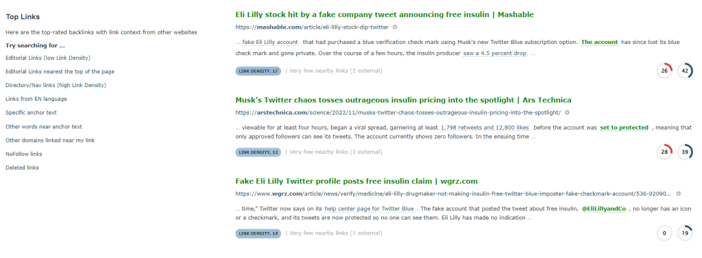 Top Links for the fake Eli Lilly and Company account. The first (from mashable.com) mentions that the account is fake. Two links mention that the account has lost its blue checkmark. Two links mention that the account's tweets are now protected. 