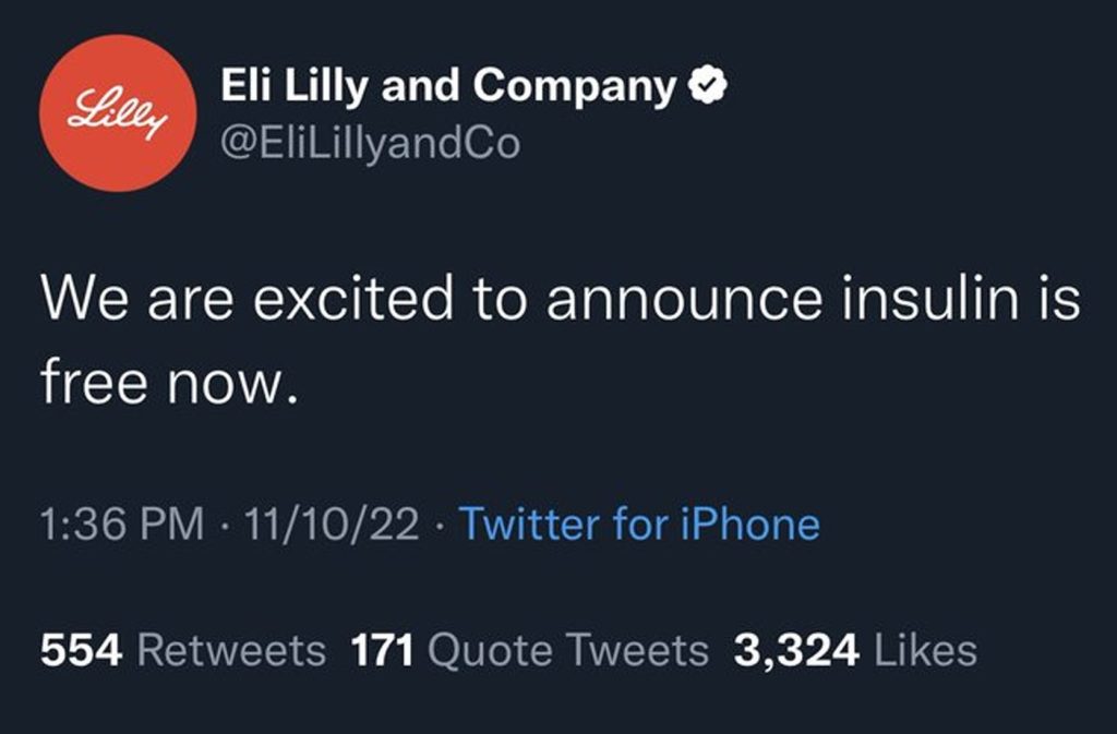 Tweet da un account falso di Eli Lilly, annuncia che l'insulina adesso è gratuita.