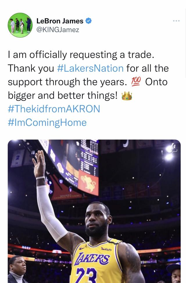 Il Tweet da un account falso di LeBron James.