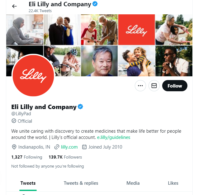 L'Account ufficiale di Eli Lilly and Company. Data di creazione dell'account è luglio 2010