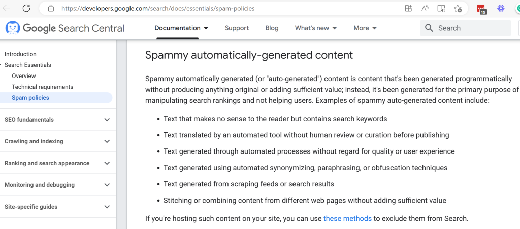 A screenshot of Google's 'Spam Policies', specifically showing 'Spammy automatically-generated content'
