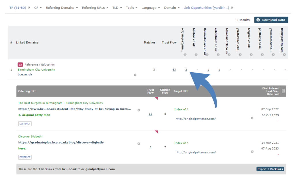 An arrow showing that you can expand link totals to see individual links