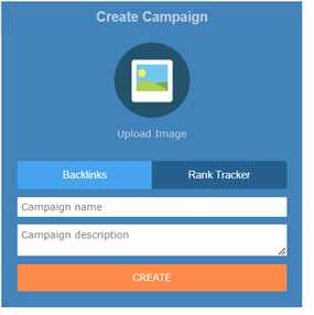 Schermata dell'interfaccia 'Crea Campagna' di Majestic.com con un modulo intuitivo per il nome e la descrizione della campagna, schede per Backlinks e Rank Tracker.