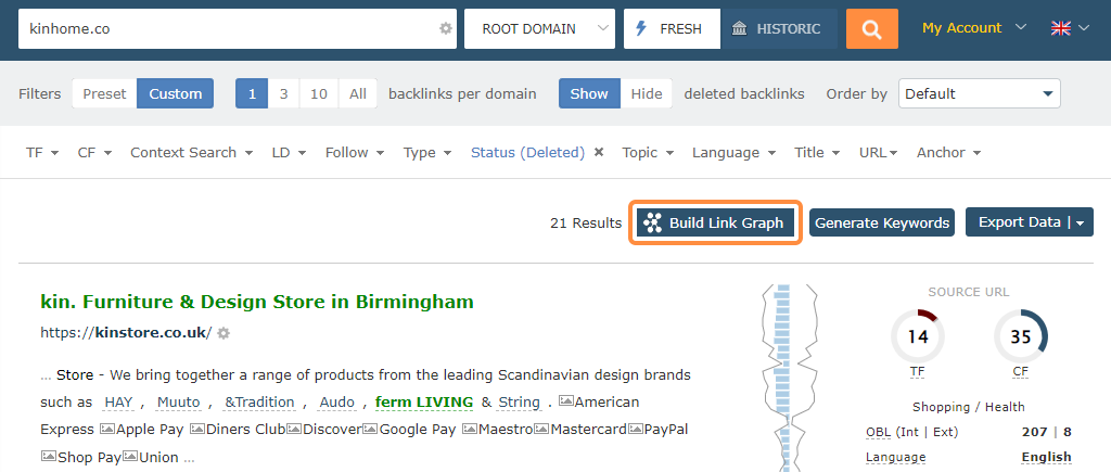 Screenshot dell'interfaccia di analisi dei backlink con Link Context per il sito web kinhome.co. Il pannello di controllo di questa funzionalità mostra il report dei backlink eliminati, in particolare kinstore.co.uk con Trust Flow pari a 14 e Citation Flow a 35. In evidenza l'opzione di costruire il Link Graph utilizzando i 21 backlink cancellati.