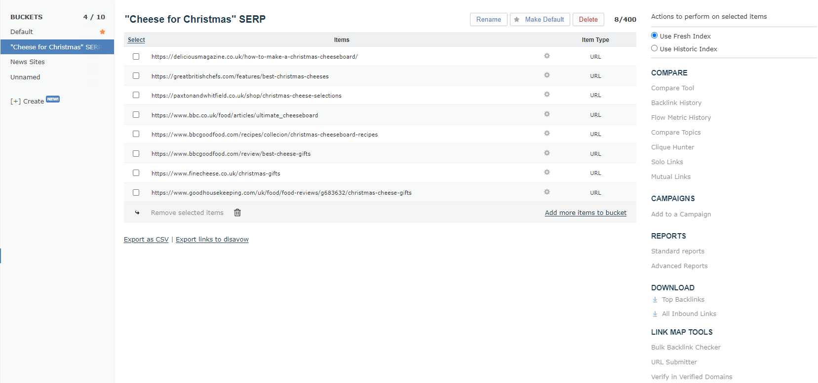 L'immagine si riferisce alla pagina relativa alla funzione Bucket, contenente otto URL classificati sotto il SERP 