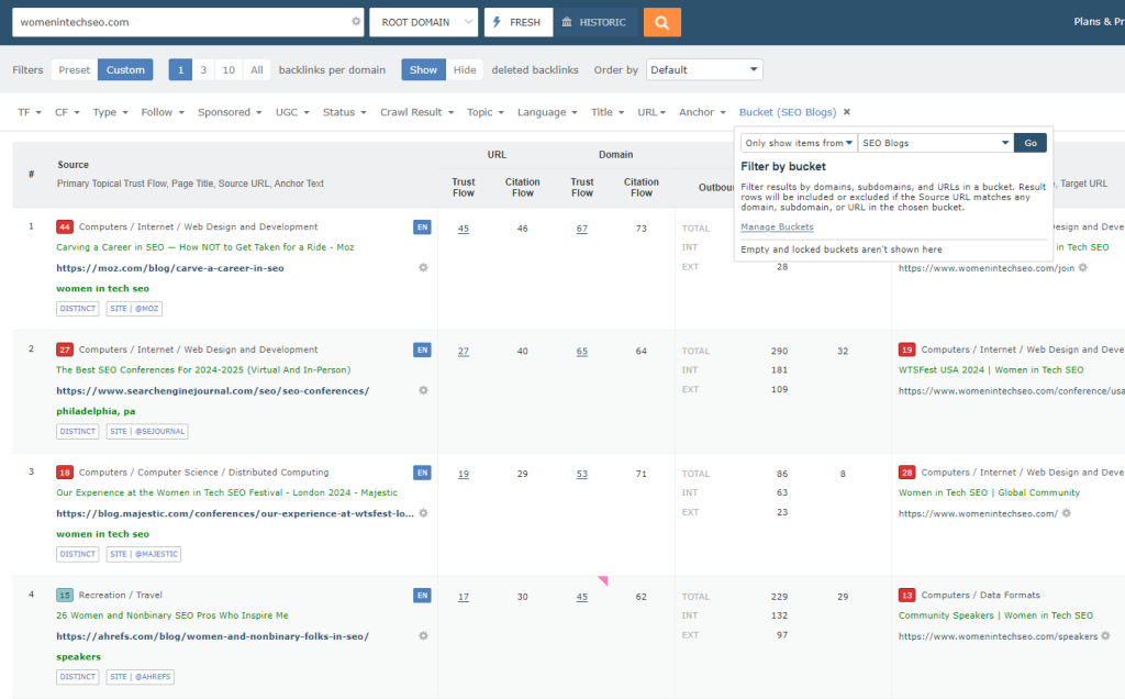 Screenshot of the Buckets Filter feature applied to only display backlinks from SEO blogs, with Trust Flow, Citation Flow, and Topical Trust Flow metrics.