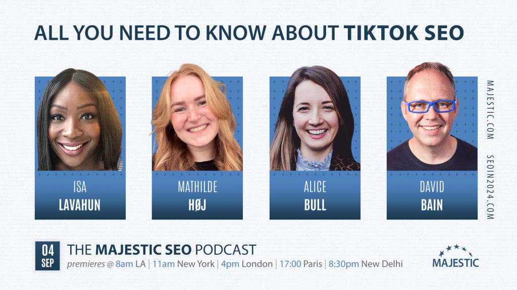 Promotional Image for webinar on TikTok SEO on Wednesday 4th September with host David Bain and experts Alice Bull, Mathilde Høj, and Isa Lavahun.