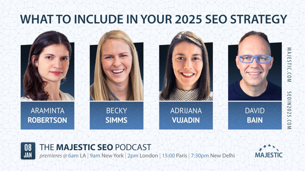 Promo image for "What should you include in your 2025 SEO strategy?" with images of David Bain, Araminta Robertson, Becky Simms, and Adrijana Vujadin.