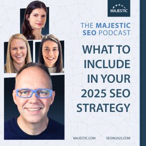 Promo image for "What should you include in your 2025 SEO strategy?" with images of David Bain, Araminta Robertson, Becky Simms, and Adrijana Vujadin.