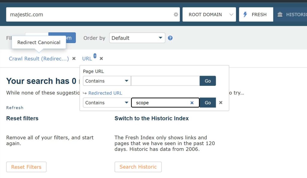 A screenshot of the new Redirected URL filter. There are 0 results for Canonical Redirects where the redirected URL contains the word "scope" 