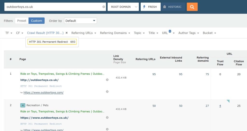 A screenshot of the Pages tab results  for outdoortoys.co.uk. There are 693 HTTPS 301 Permanent Redirects 