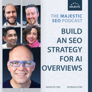 An image to promote the webinar on "How to build an SEO strategy for AI overviews" with photos of Dave Cousin, Sean Barber, Vivek Shankar, Victoria Olsina and David Bain.