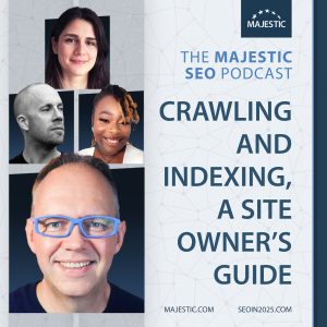 Promotional image for a live podcast on optimising your website for website crawlers with guests Charlie Williams, Rejoice Ojiaku and Miruna Hadu.